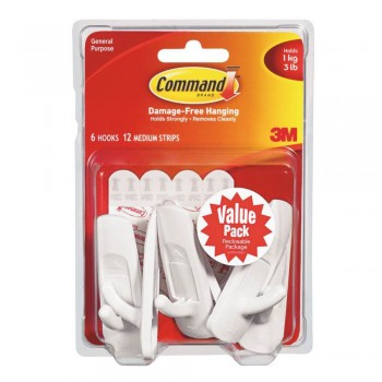 3M 17001-VP-6PK Command Medium Utility Hook With Adhesive Strips White Value Pack Of 6