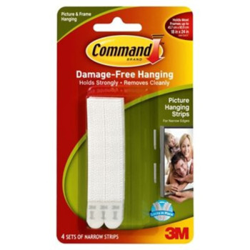3M 17207 Command Picture Hanging Strips Narrow White Pack 4 Pairs
