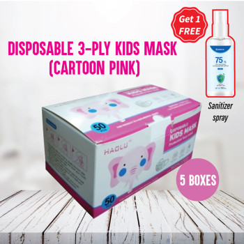 Worth Buy (Haolu Kids Face Mask Pink 50pcs x 5 boxes FREE Comix Sanitizer Spray 100ml x 1 bottle)
