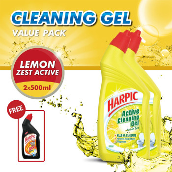 Harpic Lemon Zest Toilet Cleaning Gel (500ml x 2) + Free Power Plus 200ml