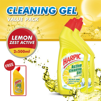 Harpic Lemon Zest Active Cleaning Gel (500ml x 2) + Free Lemon Zest 400ml