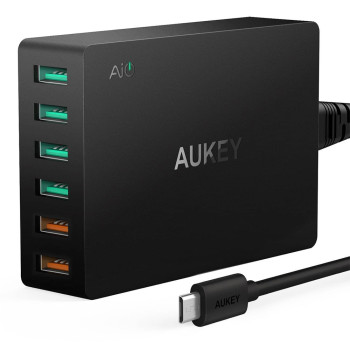 Aukey PA-T11 Quick Charge 3.0 6-Port 60W USB Fast Wall Charger with 1 m Micro Cable EU Plug Black (601629298481)