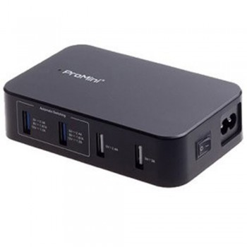 Magic Pro - ProMini Power Station S4 - 10.2A AC & DC Input 4-Port USB Power Charger compatible with Quick Charge 2.0 with 1pc 80cm Flat Copper Micro USB Charging & Data Cable (Black)