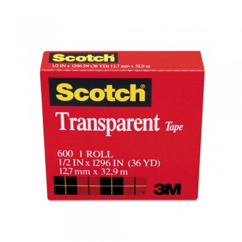 3M ScotchÂ® Transparent Tape 600, 1/2" x 36 yds, 1" Core
