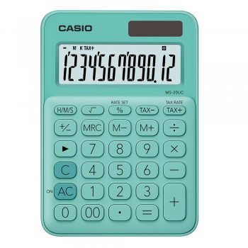 Casio Colourful Calculator - 12 Digits, Solar & Battery, Tax & Time Calculation, Green (MS-20UC-GR)