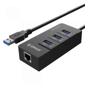 Orico HR01-U3 Portable 3 Port USB 3.0 Hub with 1 RJ45 10/100/1000 Gigabit Ethernet LAN Wired Network Adapter - Black