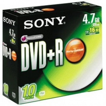 Sony DVD+R 4.7GB 16X Writable Disc - 10in1 pack Single Disc Slim Case